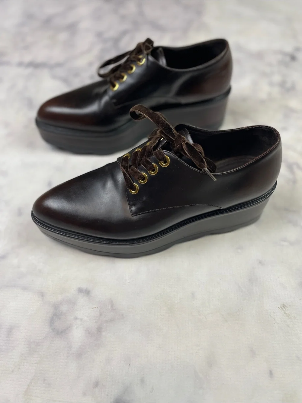 PRADA Vitello Old Platform Oxfords Brown Wavy Sole Flatform 1E851H Sz 39 / 9
